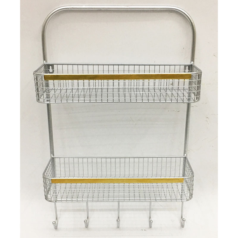 Silver metal wall rack with 2 grid baskets and 5 hangers