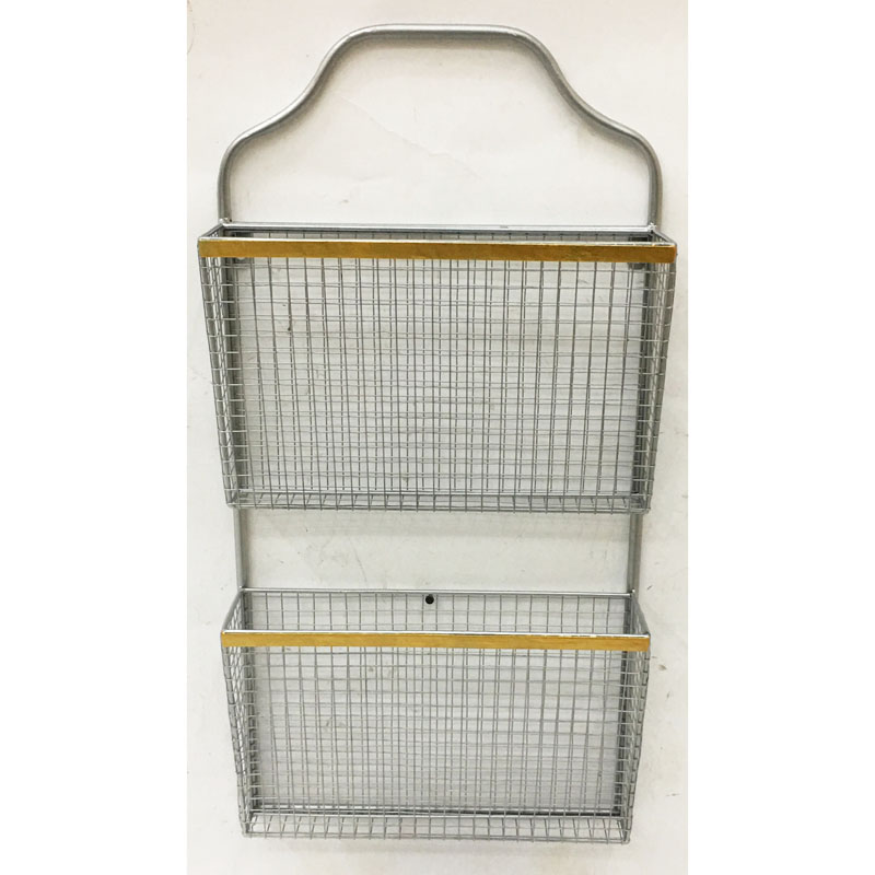 Silver metal wall magazine  rack with 2 baskets