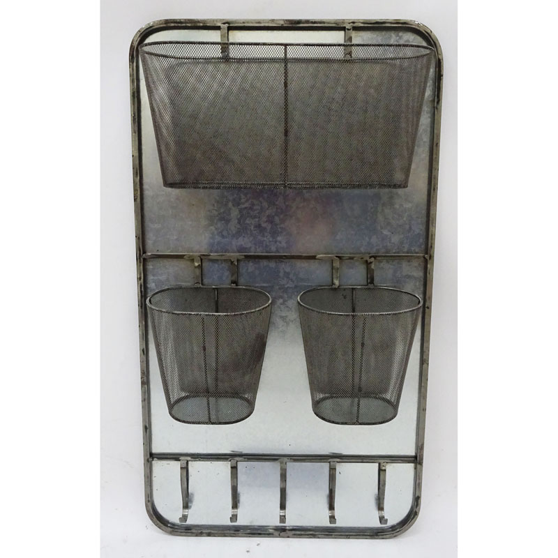 Raw iron finish wall  metal storage rack with 3 grid baskets and 5 hangers