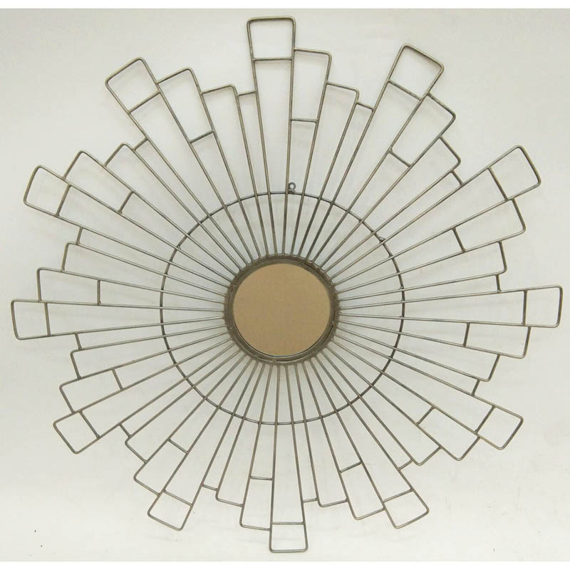 Ant. grey gold round wall decor with mirror in center and geometric metal around the mirror