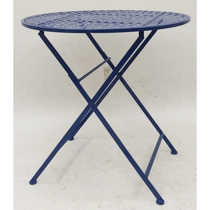 Dark blue round folding metal bistro table with punched metal top to match 2 or 4 chairs