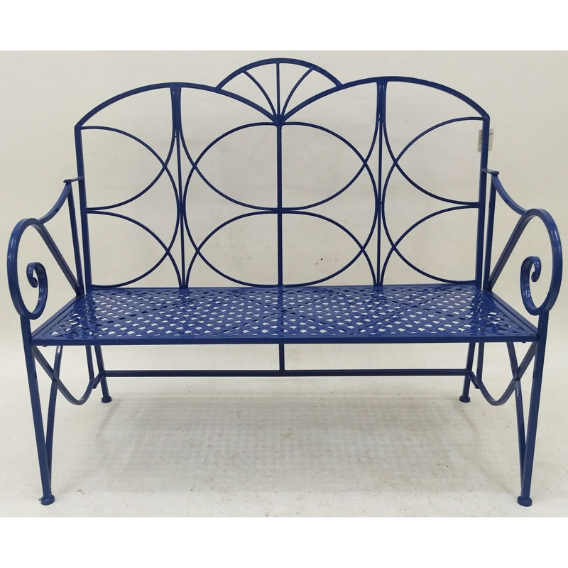 Dark blue folding metal lover garden bench  with curved arms with 2 punched metal seats