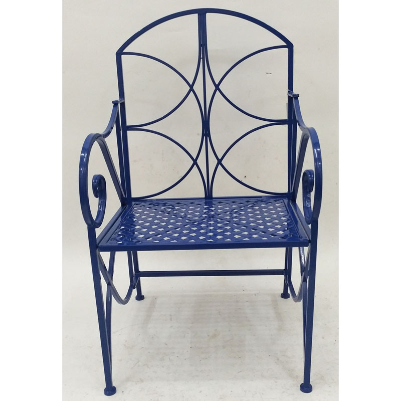 Dark blue folding metal garden arm chair with punched metal seat