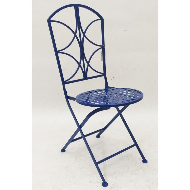 Dark blue round folding metal bistro chair to match table