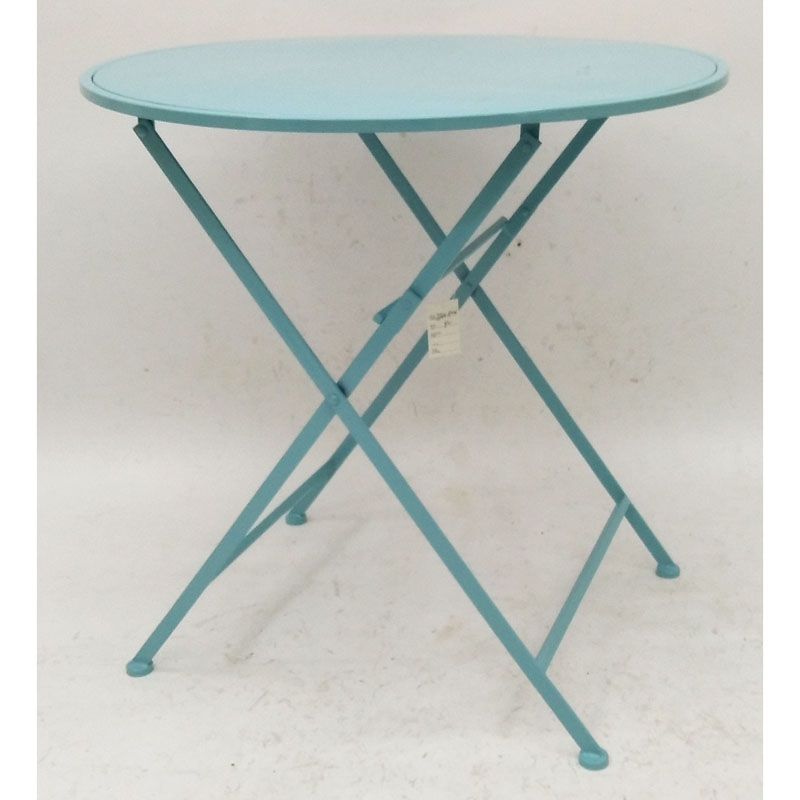 Light blue round folding metal bistro table with sheet metal top to match 2 or 4 chairs