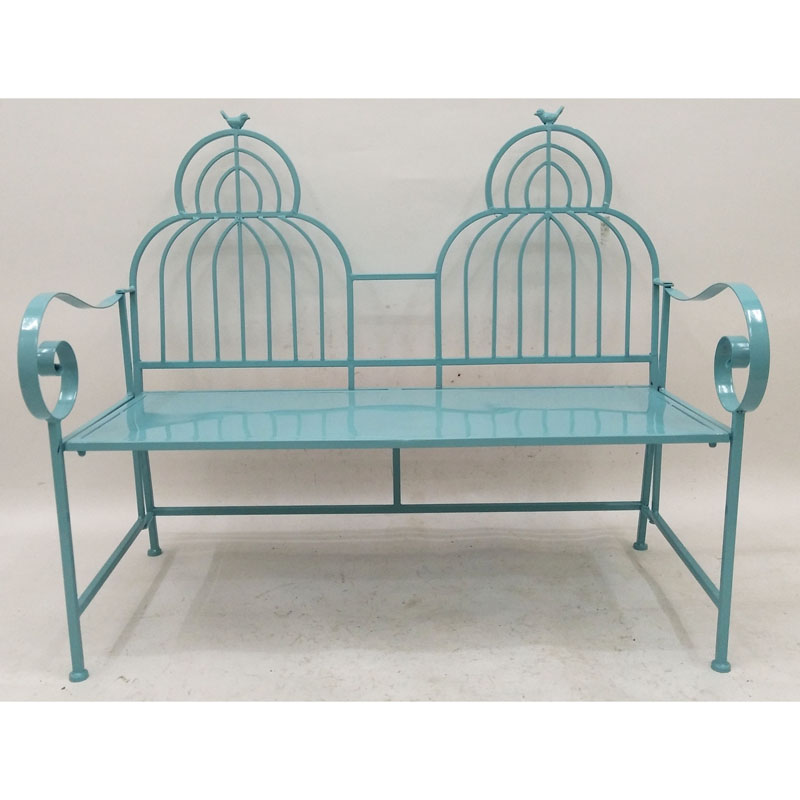 Light blue folding metal lover garden bench  with curved arms and birdcage back