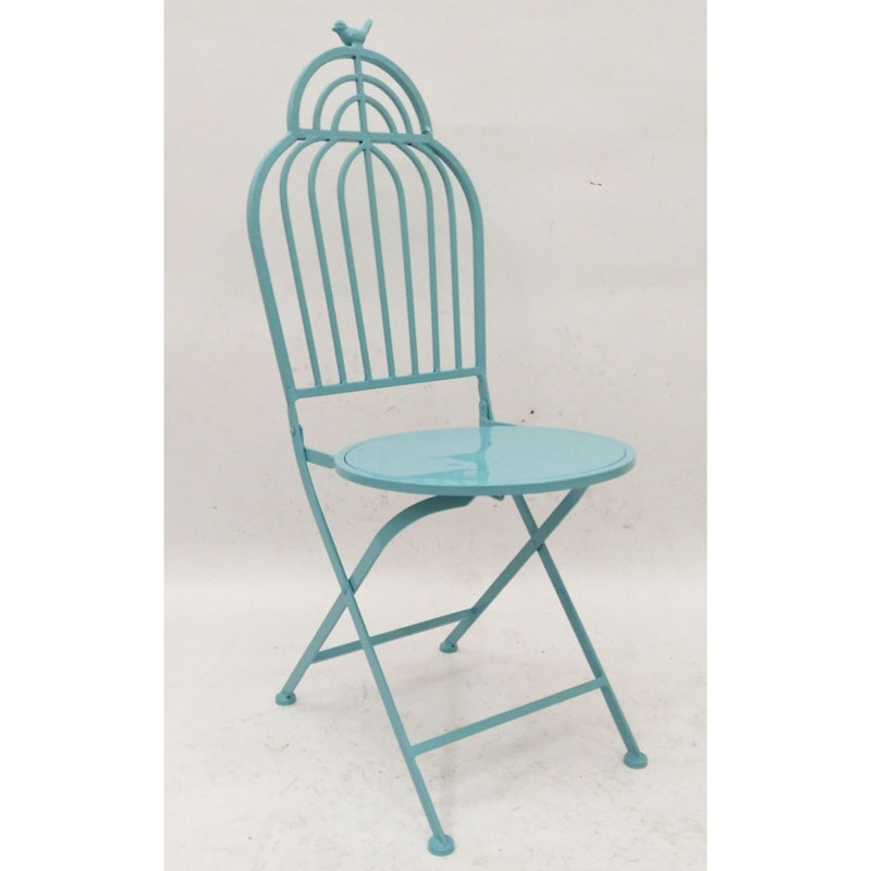 Light blue round folding metal bistro chair with birdcage back to match table