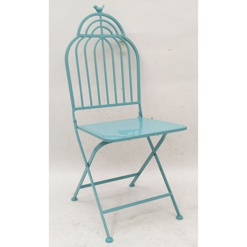 Light blue square folding metal bistro chair with birdcage back to match table