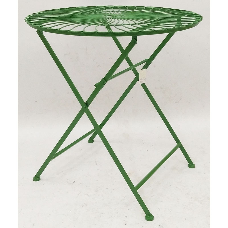 Green round folding metal bistro table with chicken wire top to match 2 or 4 chairs