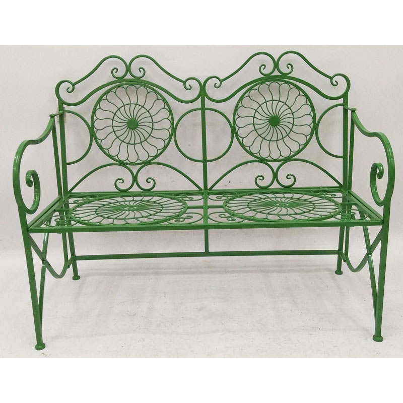 Green folding metal lover garden bench  with curved arms & chicken wire & 2 seats
