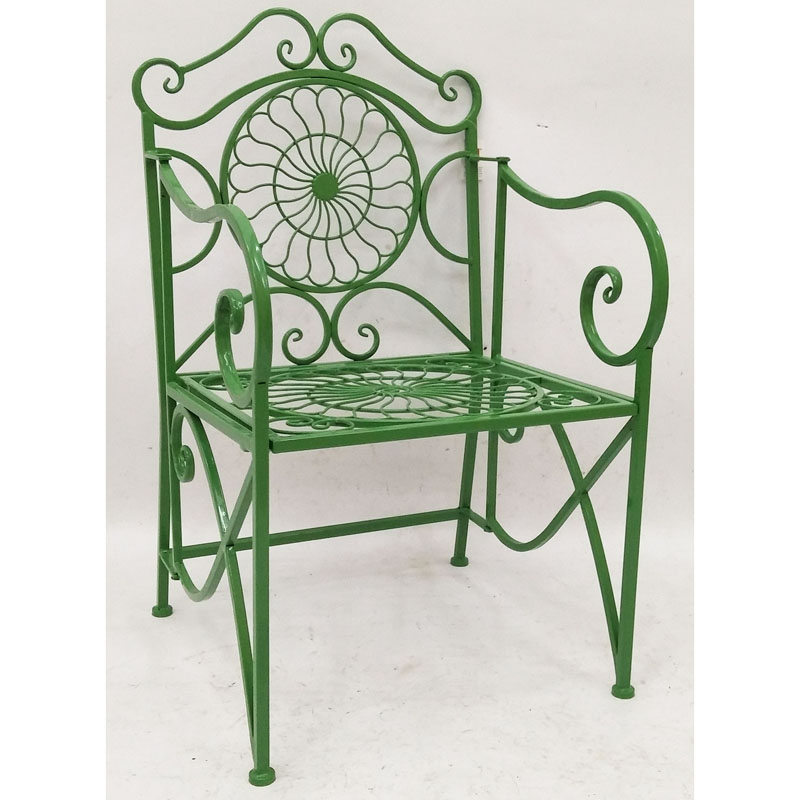 Green folding metal garden arm chair  with chicken wire seat