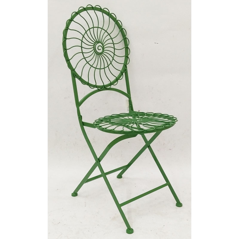 Green round folding metal bistro chair with chicken wire seat to match table