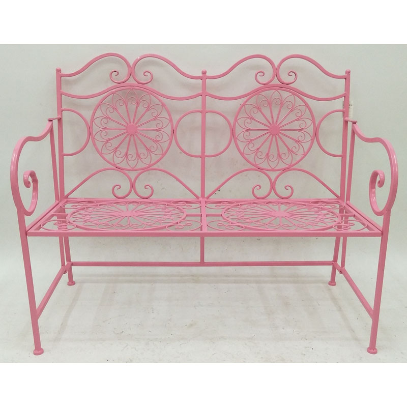 Pink folding metal lover garden bench  with curved arms & chicken wire & 2 seats