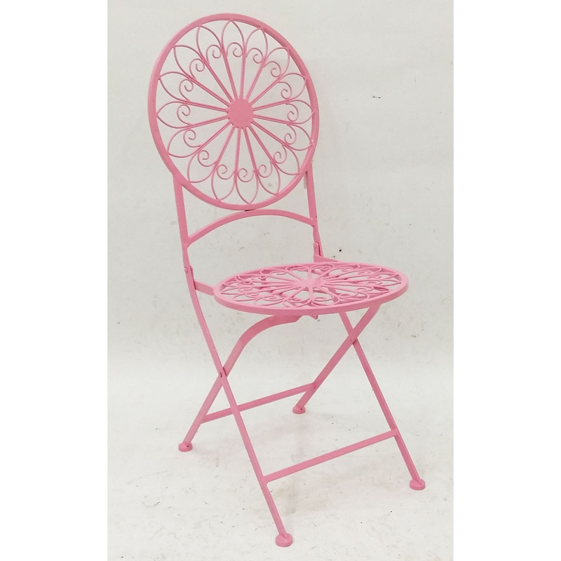 Pink round folding metal bistro chair with chicken wire seat to match table