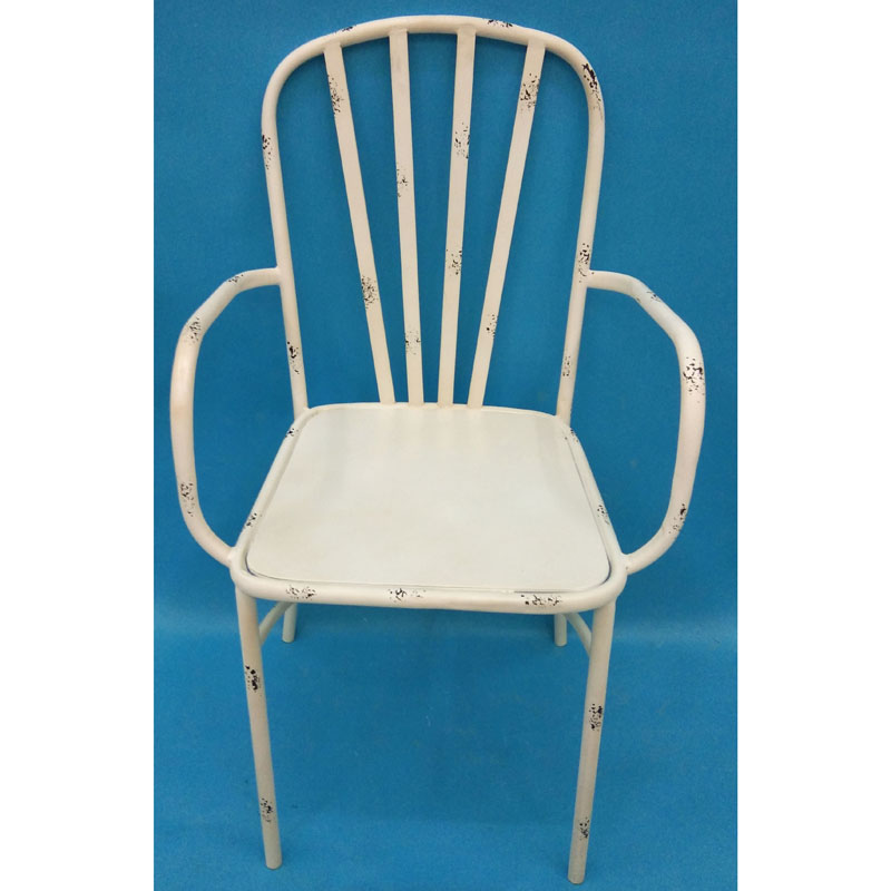 Distressed white metal garden arm chair/dinning chair
