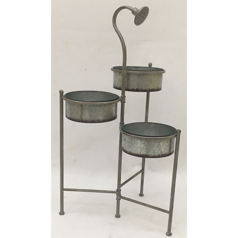 Triangle tile grey color metal plant stand with 3 galvanized tin containers and shower decor