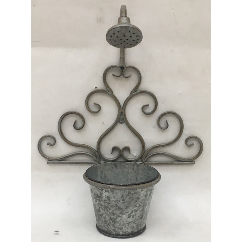 Tile grey color metal wall plant holder with 1 galvanized tin containers and shower decor