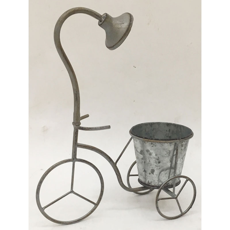 Tile grey color metal bicycle plant holder with 1 galvanized tin containers and shower decor