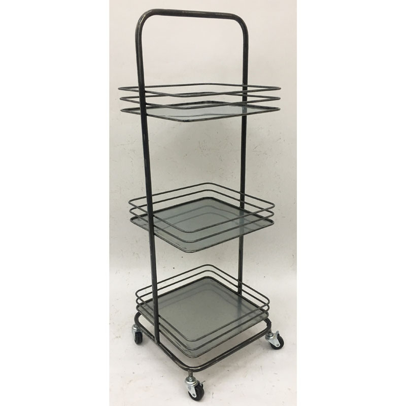 Raw iron color metal  plant holder/storage rack with 3 wire/galvanized baskets & wheels