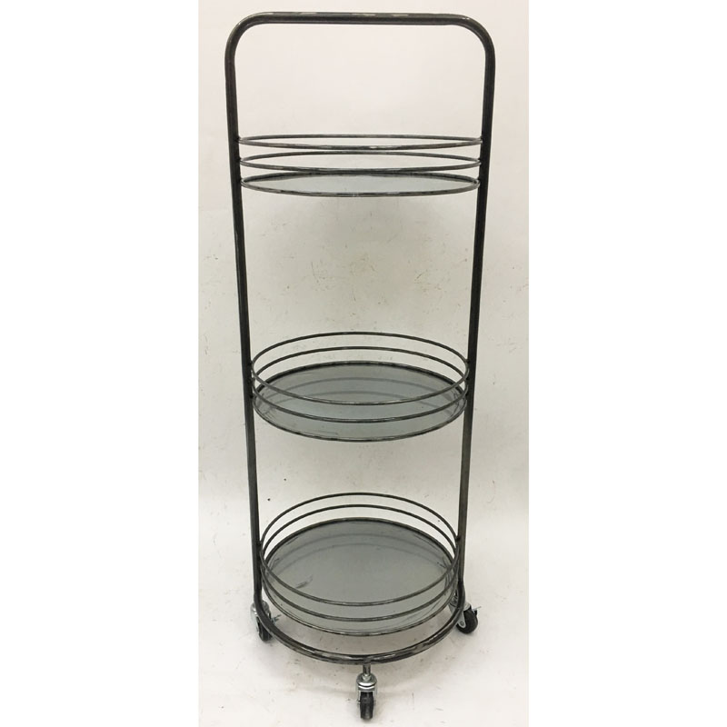 Raw iron color metal  plant holder/storage rack with 3 wire/galvanized baskets & wheels