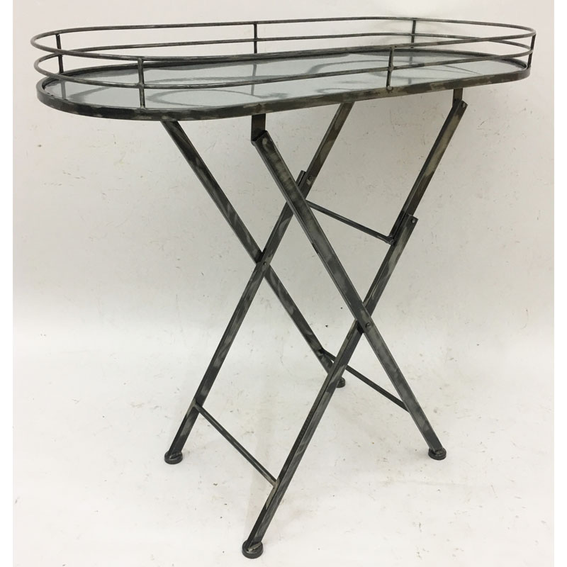 Raw iron color oval metal tray with folding legs