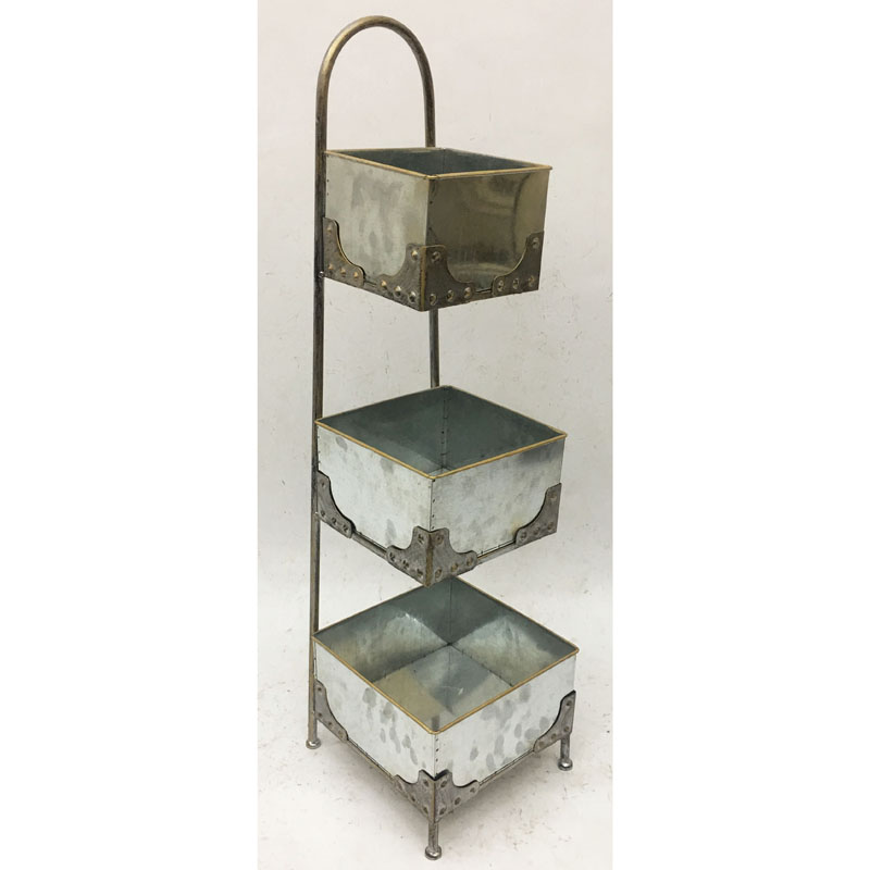 Antique silver gold metal  plant stand/storage rack with 3 tiers galvanized baskets 