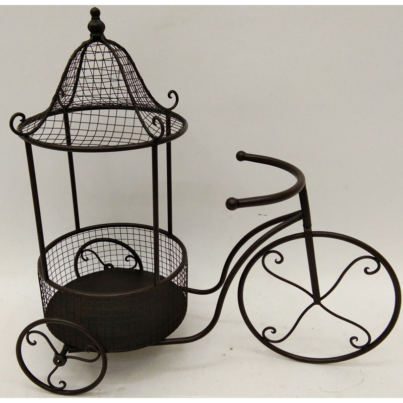 Rusty bicycle plant stand with 1 wire basket
