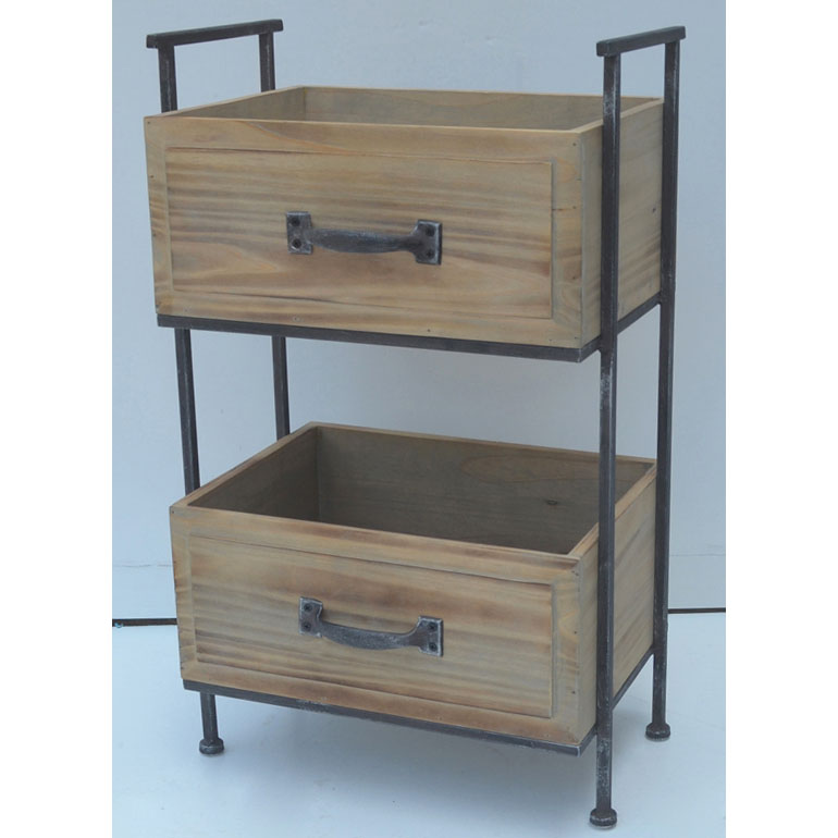 Rusty metal storage rack with 2 wood drawers 