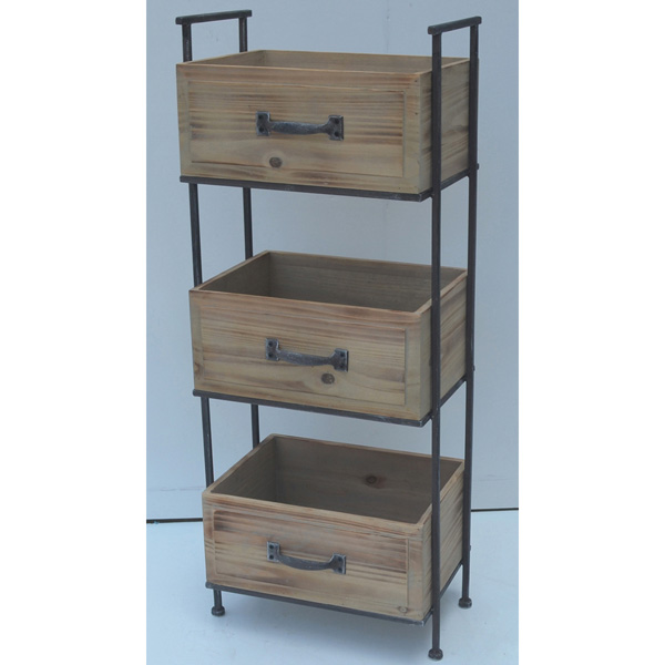 Rusty metal storage rack with 3 wood drawers