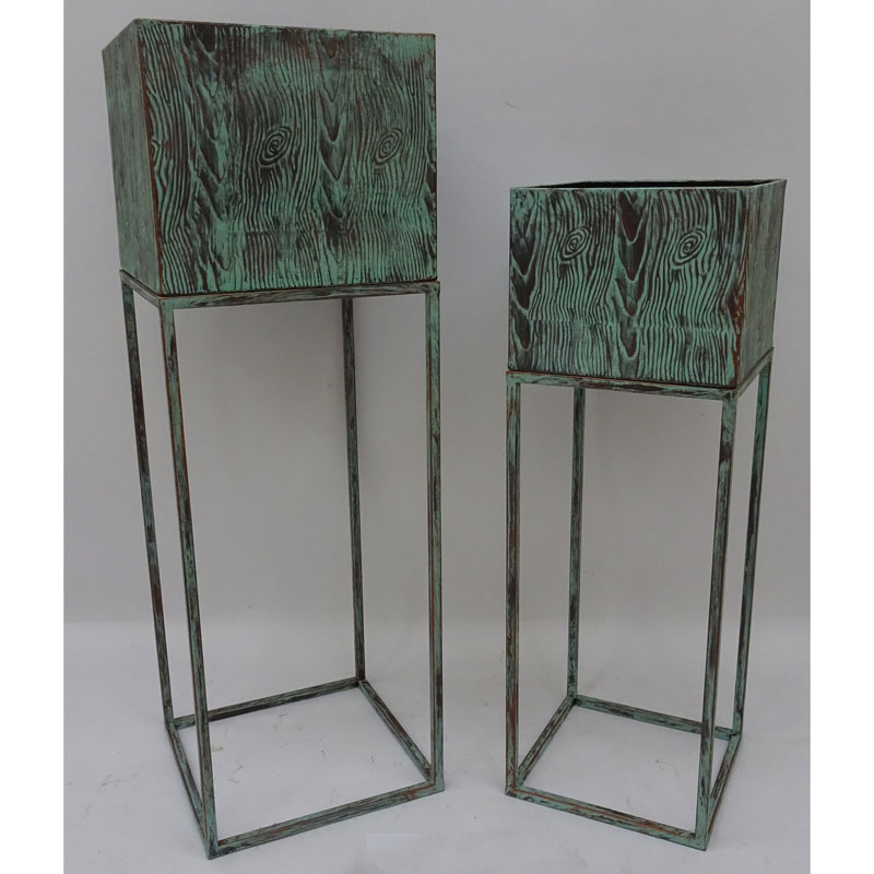 S/2 verdi green square metal plant stand with 2tin containers