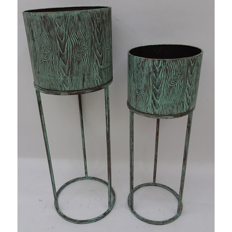 S/2 verdi green round metal plant stand with 2 tin containers