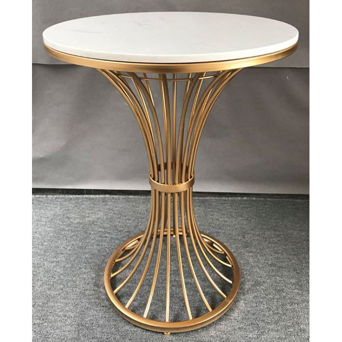 Round Shiny Gold Metal Side Table With Man-made Marble Top