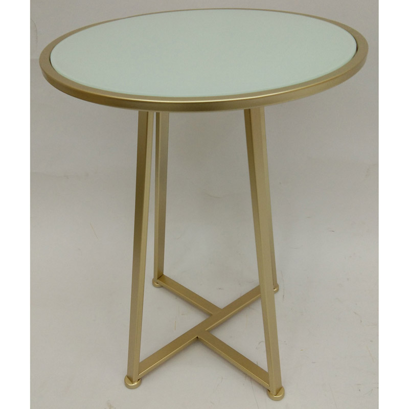 Round Shiny Gold Metal Side Table With White Glass Top