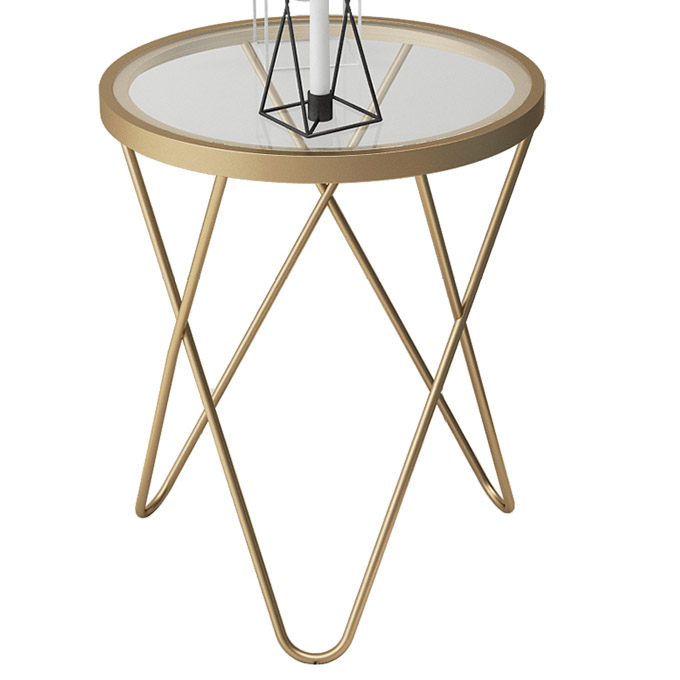 Round Shiny Gold Metal Side Table With Clear Glass Top