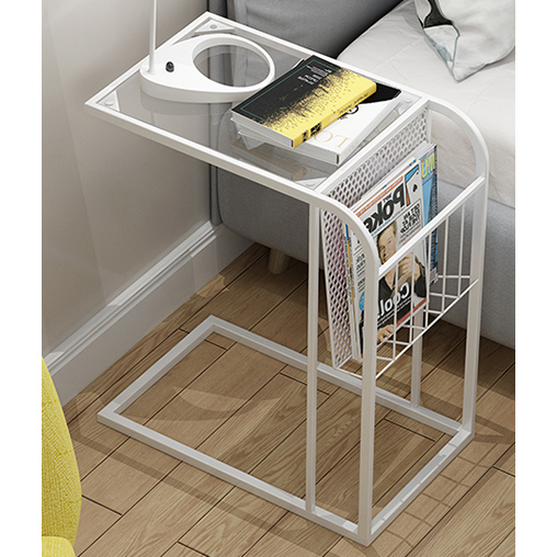 White color Metal Side Table With Clear Glass Top