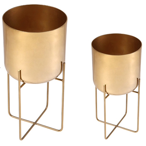 S/2 shiny gold round metal plant stand