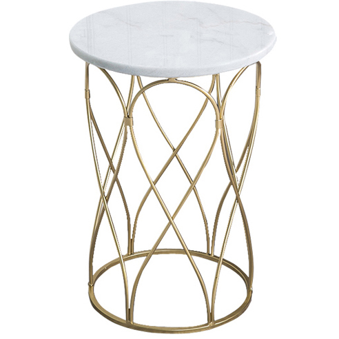 Round Shiny Gold Metal Side Table With Man-made Marble Top
