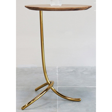 Round Shiny Gold Metal Side Table With Wood Top 