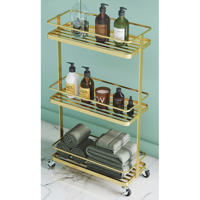 Gold 3 tiers rectangular bathroom baskets with wheels 