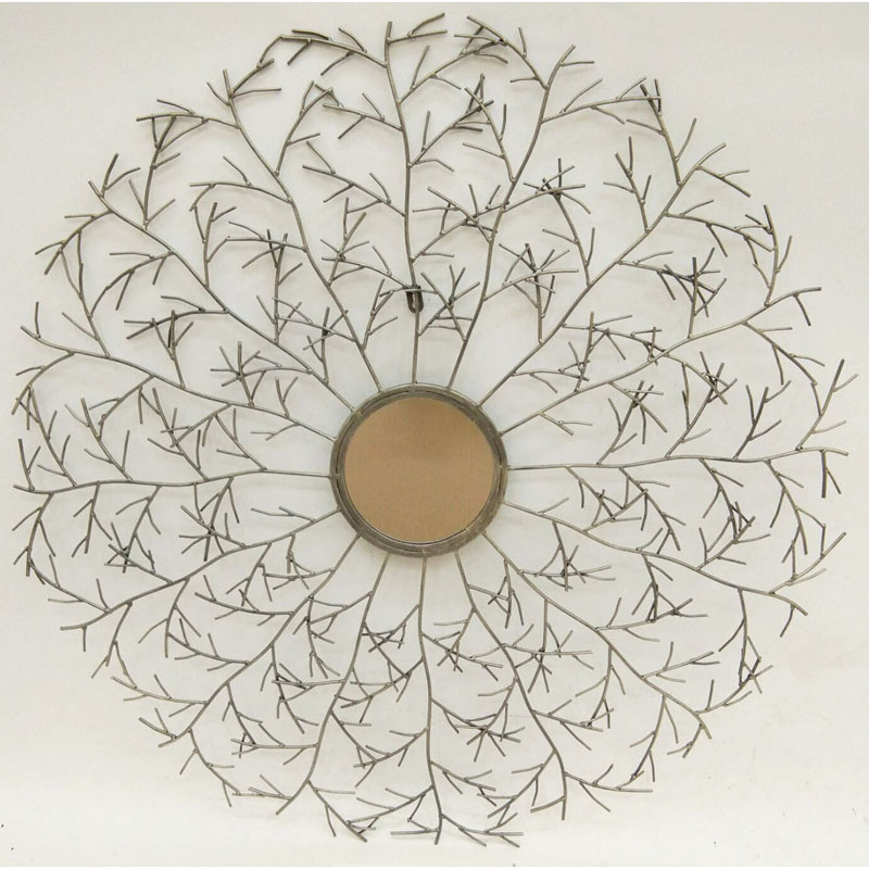 Ant. grey gold round wall decor with mirror in center and branches around the mirror