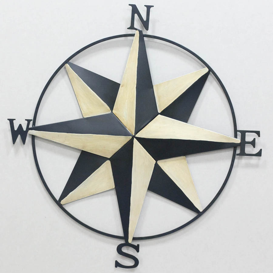 White & black metal star with direction words N,S,W,E