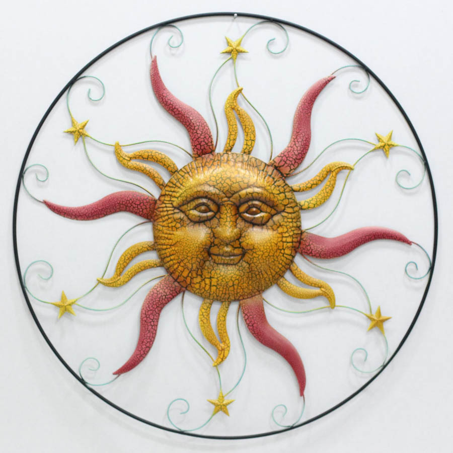 Crackle bright color metal sun face wall decor with stars