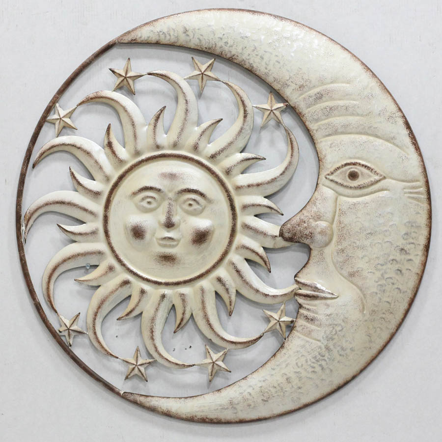 Antique white metal sunface & moon face decor