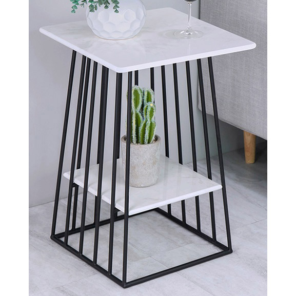 Black 2 tiers Metal Side Table with man-made marble top