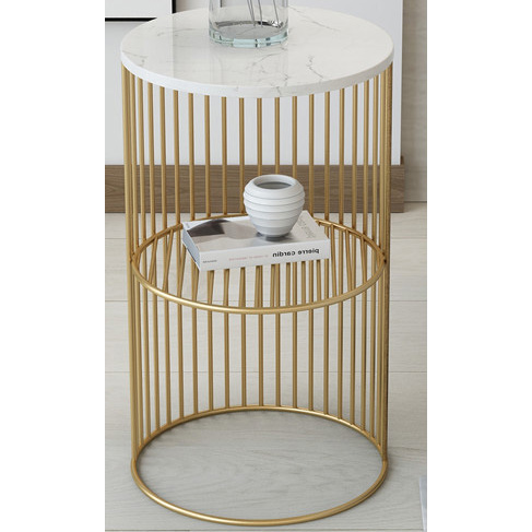 Shiny Gold 2 tiers Metal Side Table with man-made marble top 