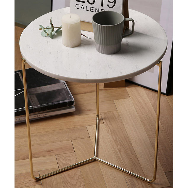 Shiny Gold Metal Side Table with man-made marble top 