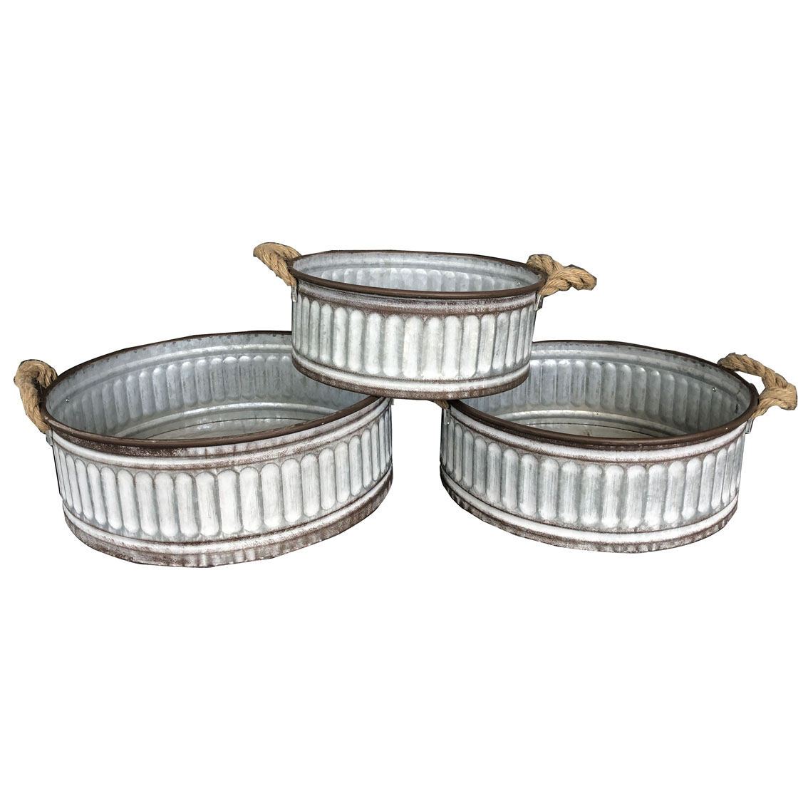 S/3 round galvanised planter with rope handle 