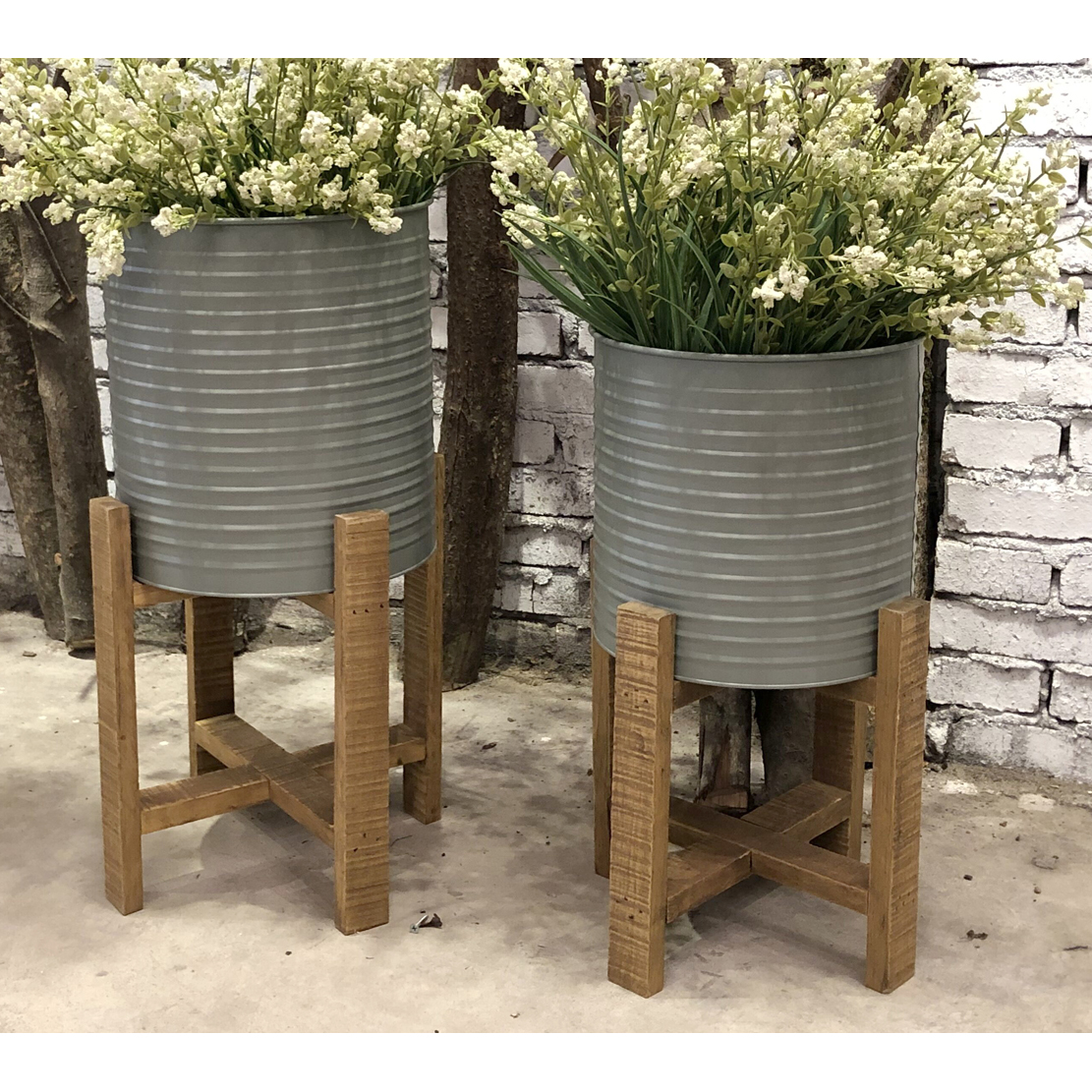 S/2 metal planter with wood stand