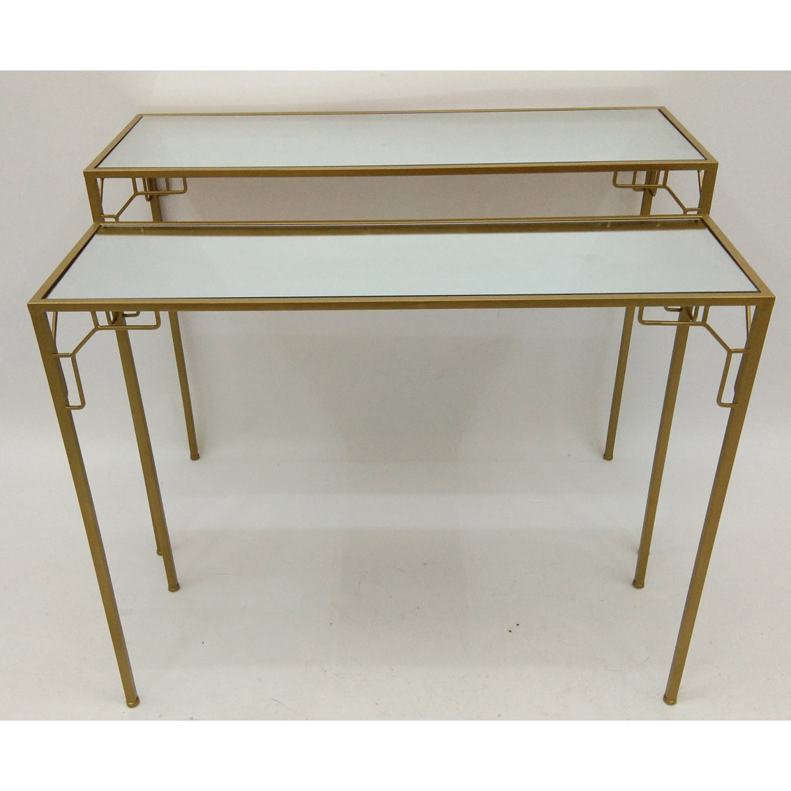 S/2 Nesting Shiny Gold Metal Console Table with white glass top