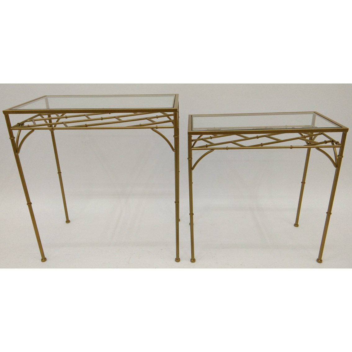 S/2 Nesting Shiny Gold Metal Console Table with clear glass top